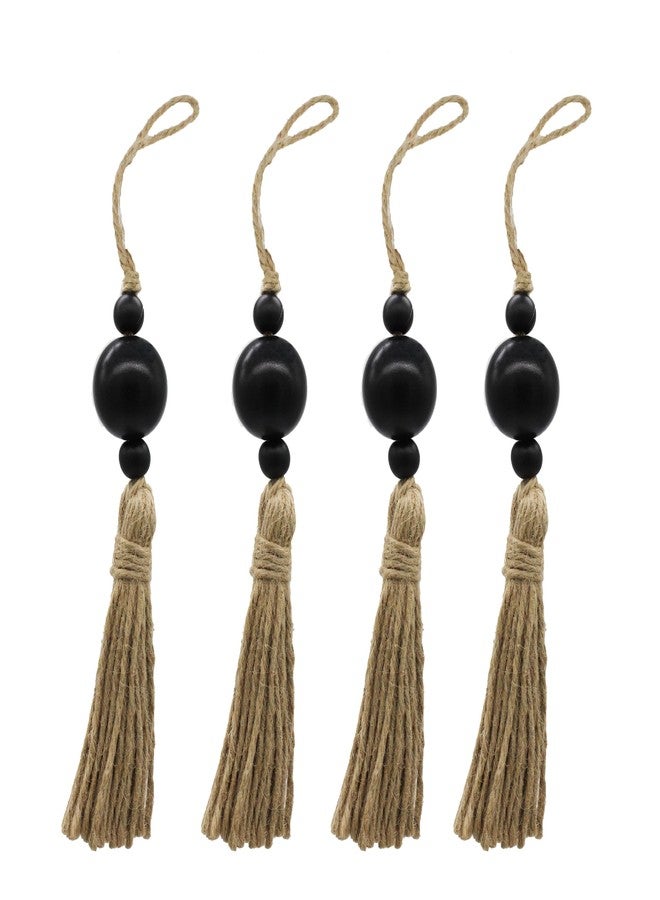 VKSG 4PCS Farmhouse Decor Wooden Bead with Tassels Rustic Boho Minimalist Home Accent Country Decoration Beads for Door Knob Wall Hanging Living Room Shelf Decor, Black - Image 1